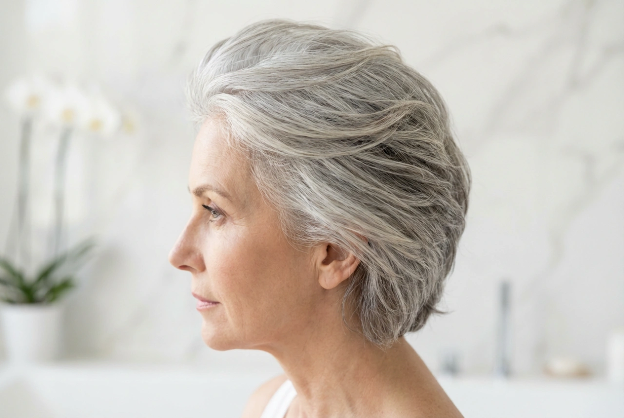 Simplicidade elegante: penteado para cabelos grisalhos com brilho e textura