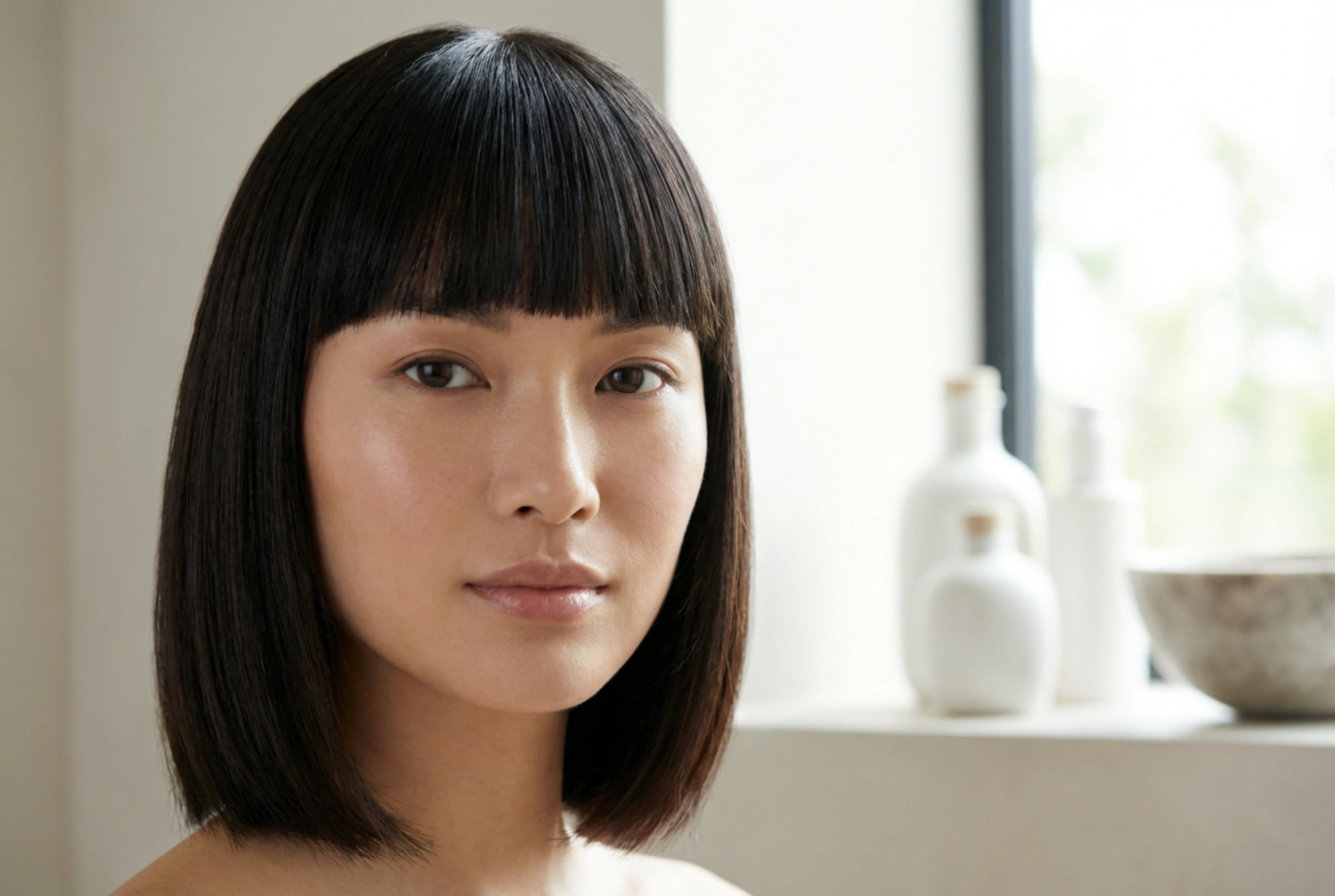 Linhas suaves: um penteado com franja reta e controle de volume