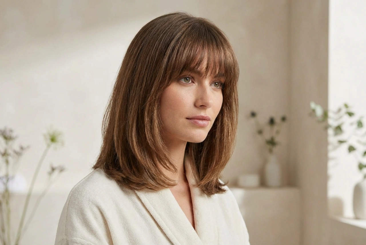 Fios médios e franja: penteados com franja, cabelo médio passo a passo