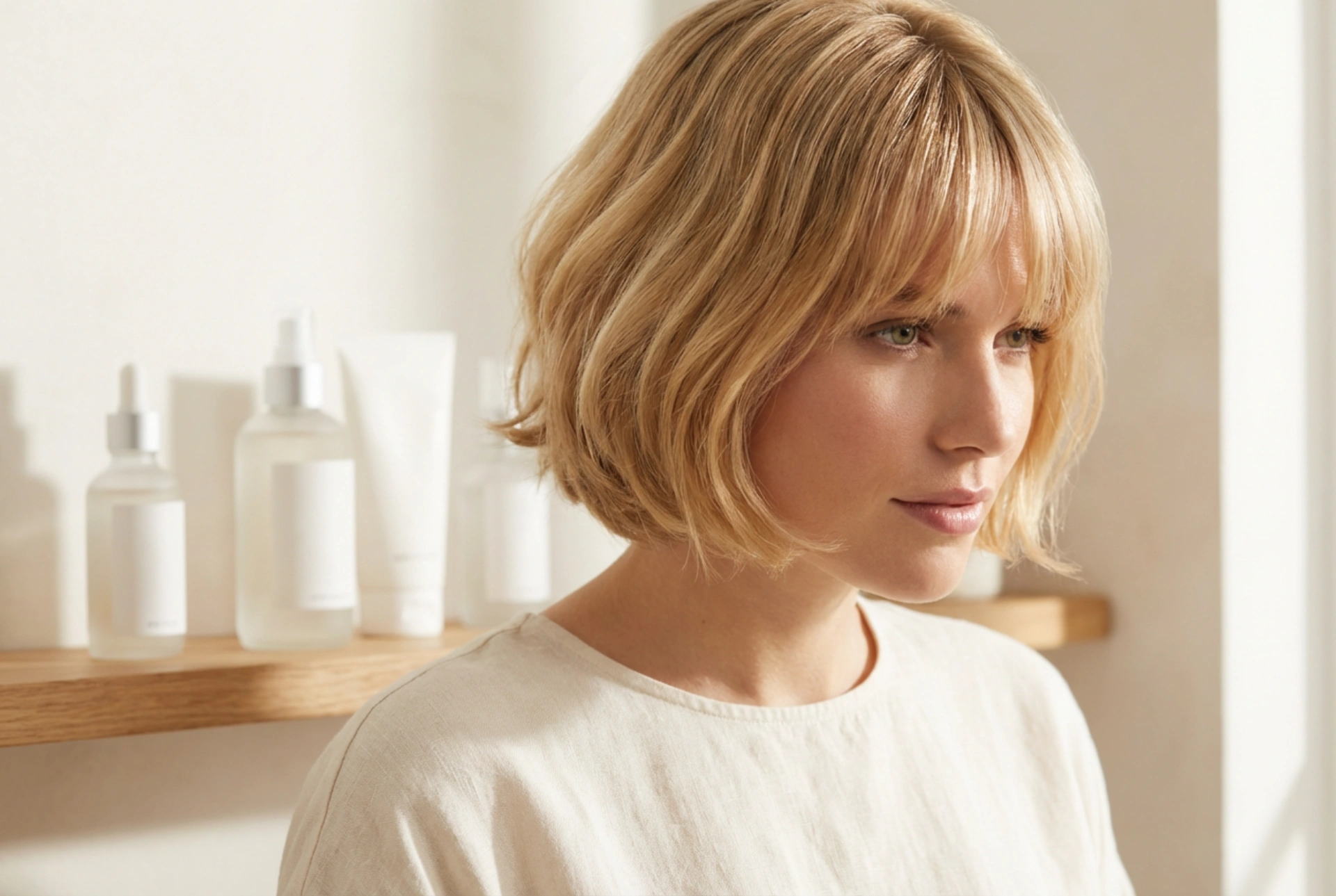 Cabelo loiro curto com franja: proteção da cor e volume