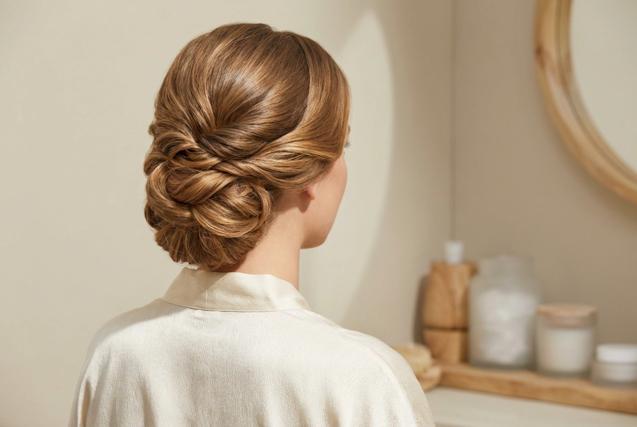 Penteado elegante para cabelos longos: coque, ondas e mechas lisas