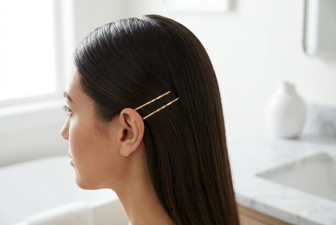 Penteado feminino atrás da orelha: estilização elegante com grampos e gel