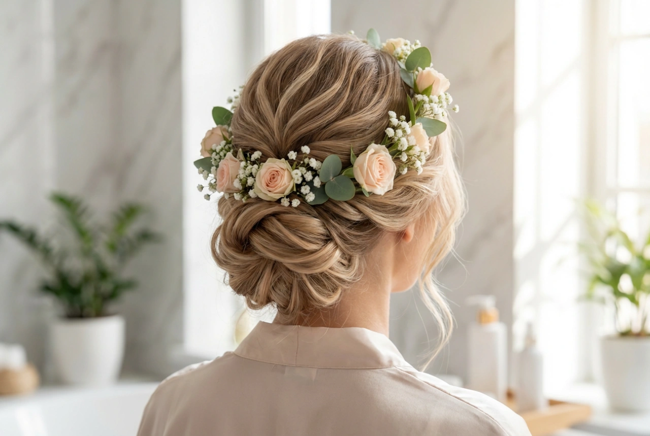 Com guirlanda de flores: penteado de noiva, coques leves e ondas para o dia todo