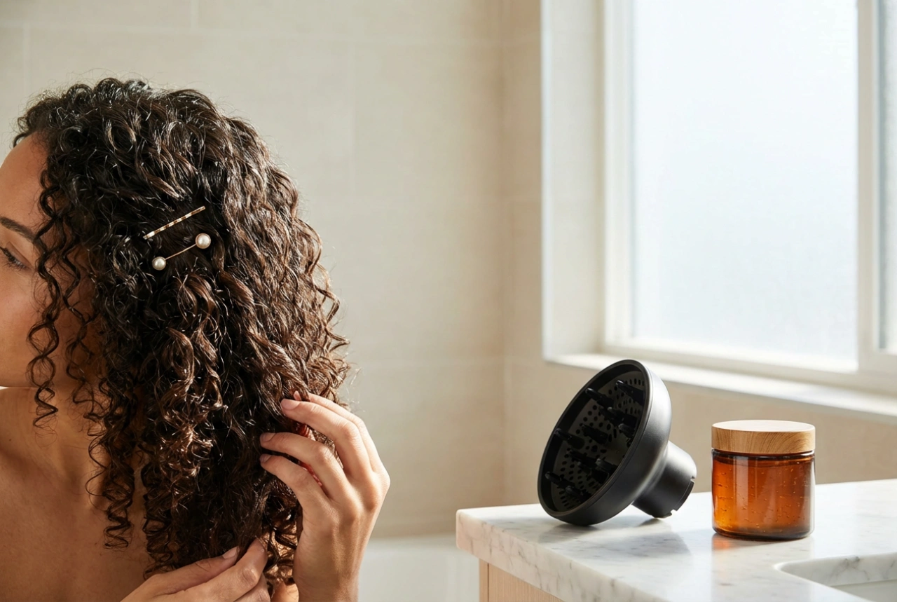 Penteado: Cabelo cacheado com definição, difusor, gel e grampos