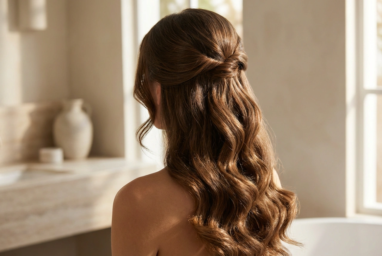 Penteado bonito para cabelos longos: ondas, meio-presos e rabo de cavalo elegante