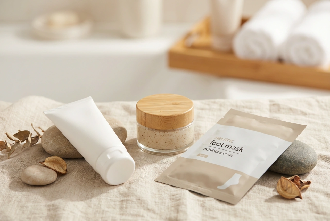 Para calcanhares secos: um plano com máscara, esfoliante e creme oclusivo