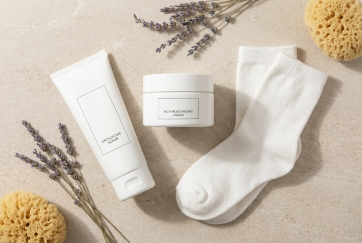 Rotina diária para calcanhares rachados: esfoliação, creme e meias
