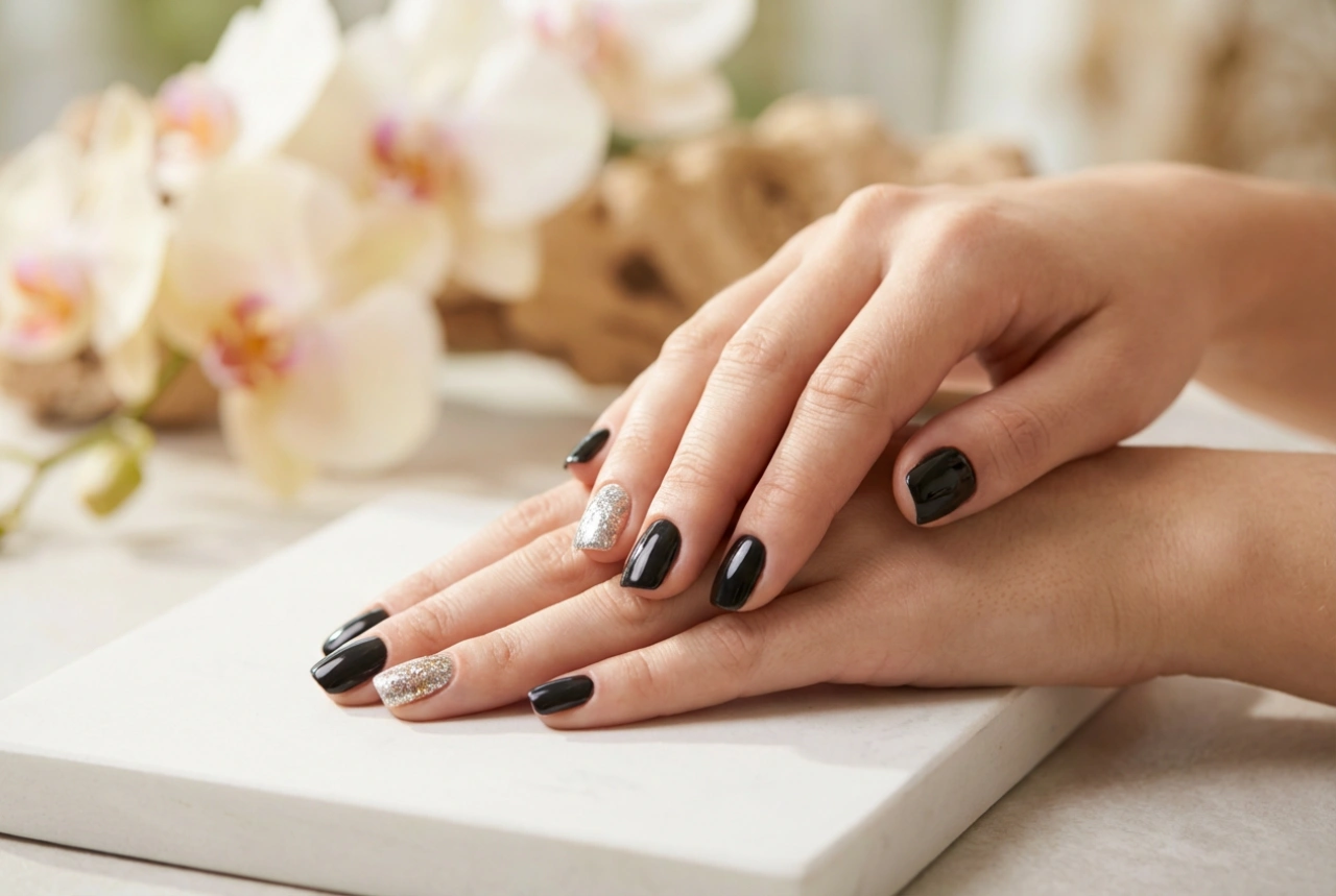 Unhas pretas com glitter: técnicas de aplicação e erros mais comuns