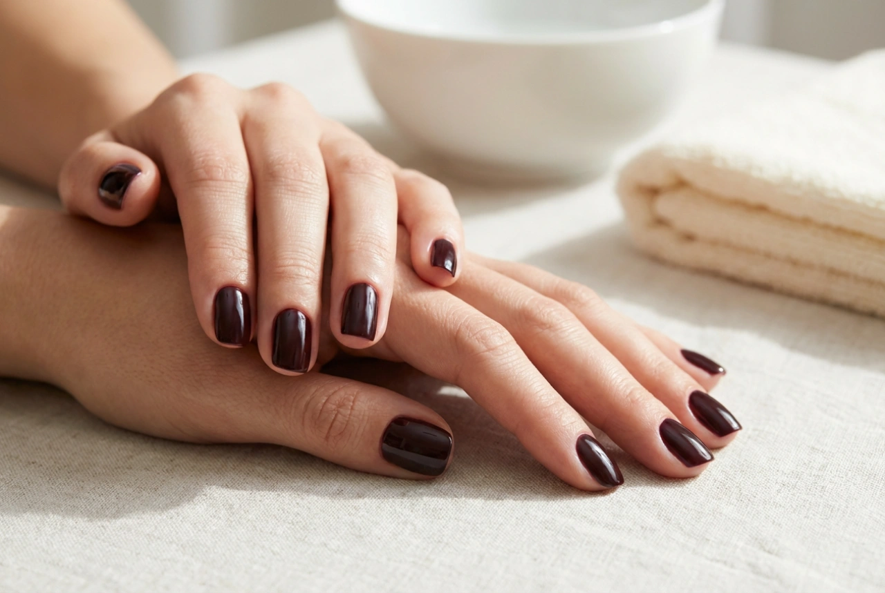 Unhas escuras brilhantes: linhas perfeitas nas cutículas e profundidade de cor