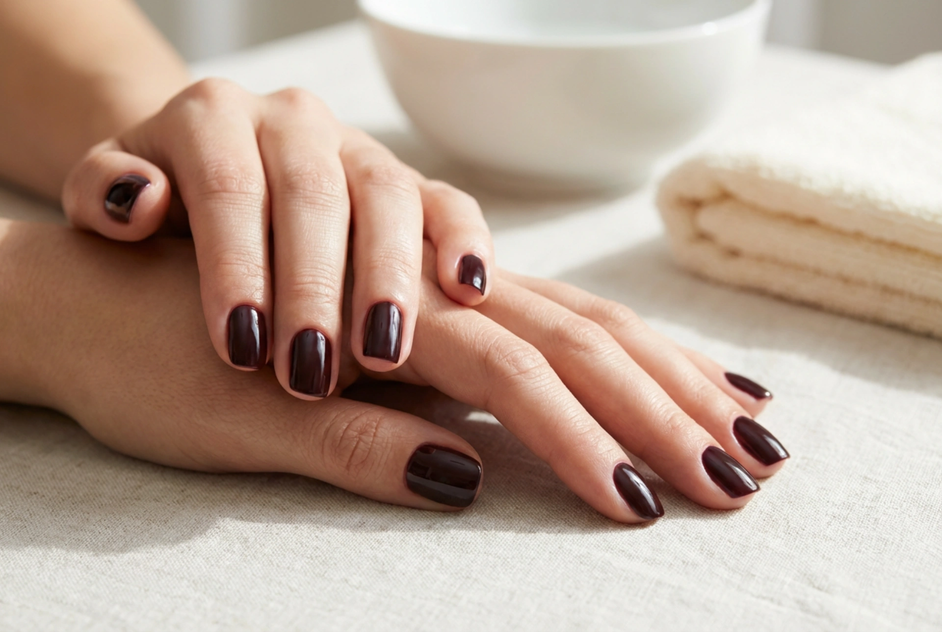 Unhas escuras brilhantes: linhas perfeitas nas cutículas e profundidade de cor
