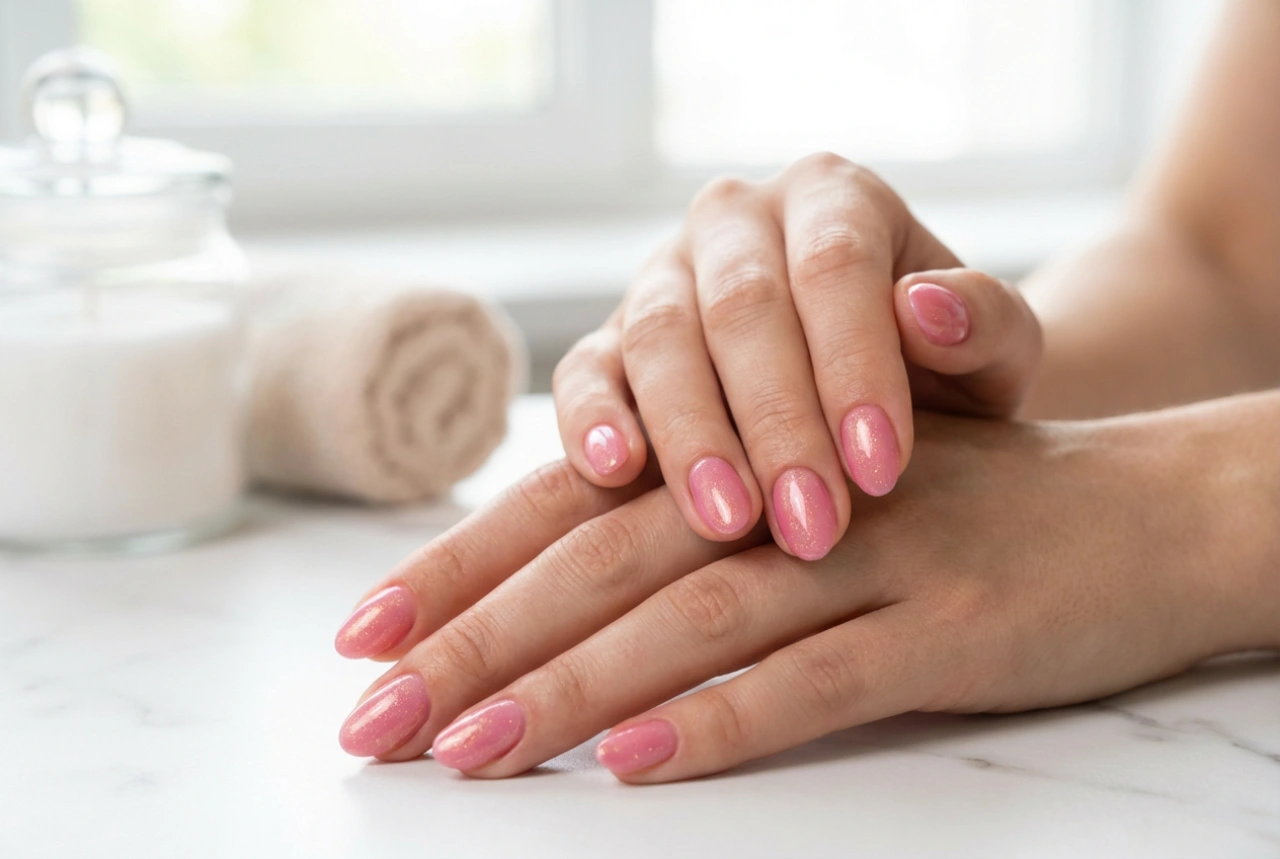 Esmalte em gel rosa com partículas: cobertura uniforme, brilho e durabilidade