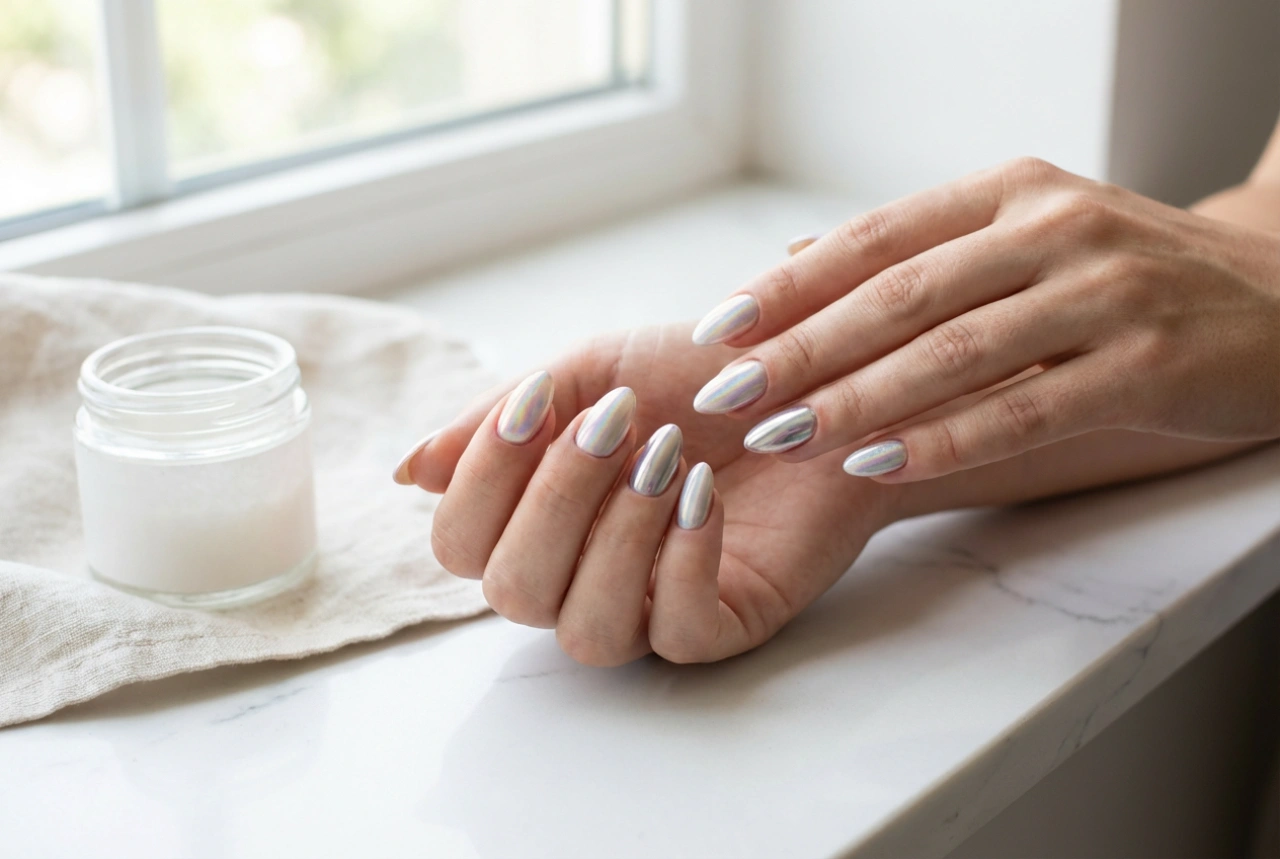 Unhas em gel com pó: efeito espelhado, sereia e holográfico sem manchas