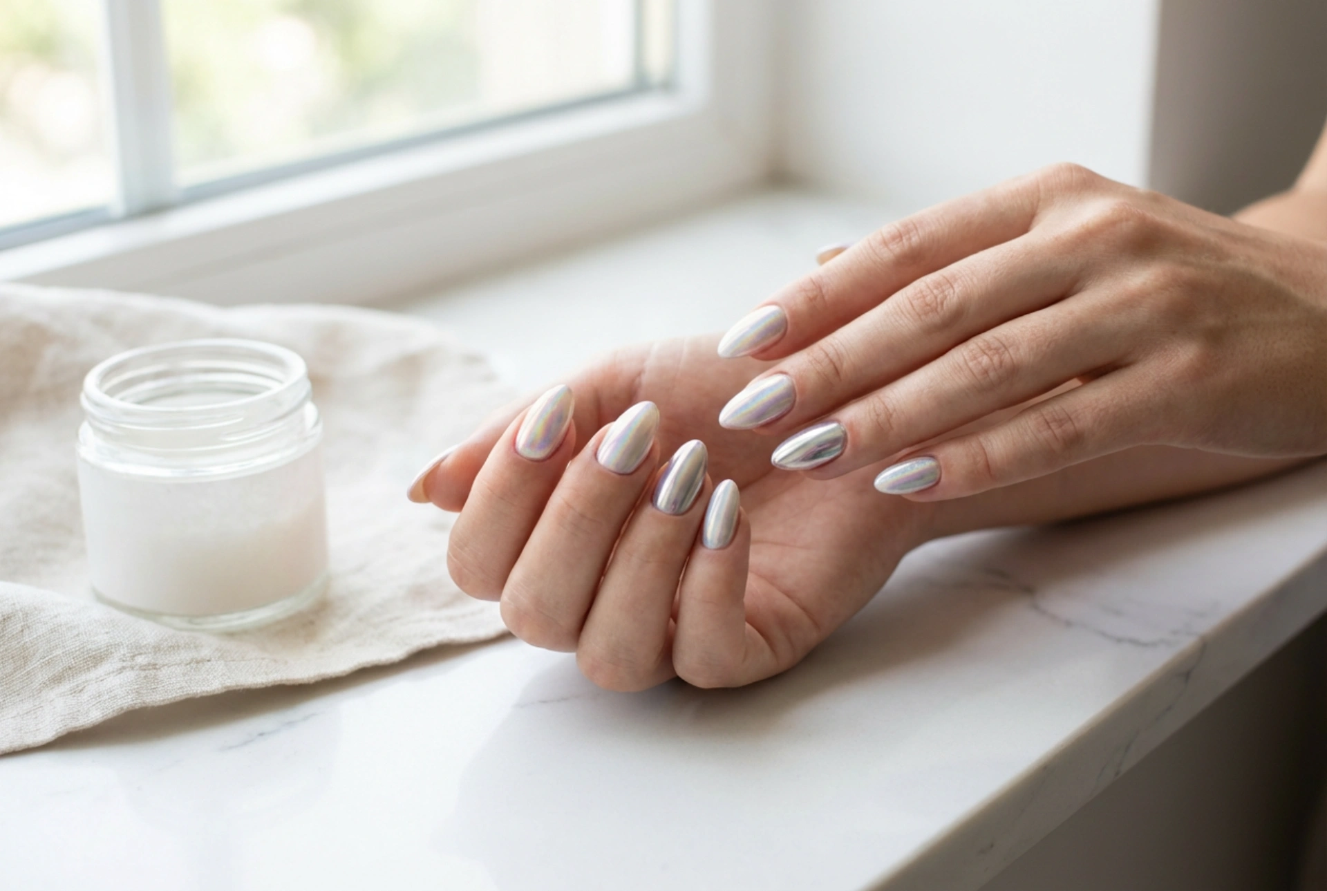 Unhas em gel com pó: efeito espelhado, sereia e holográfico sem manchas