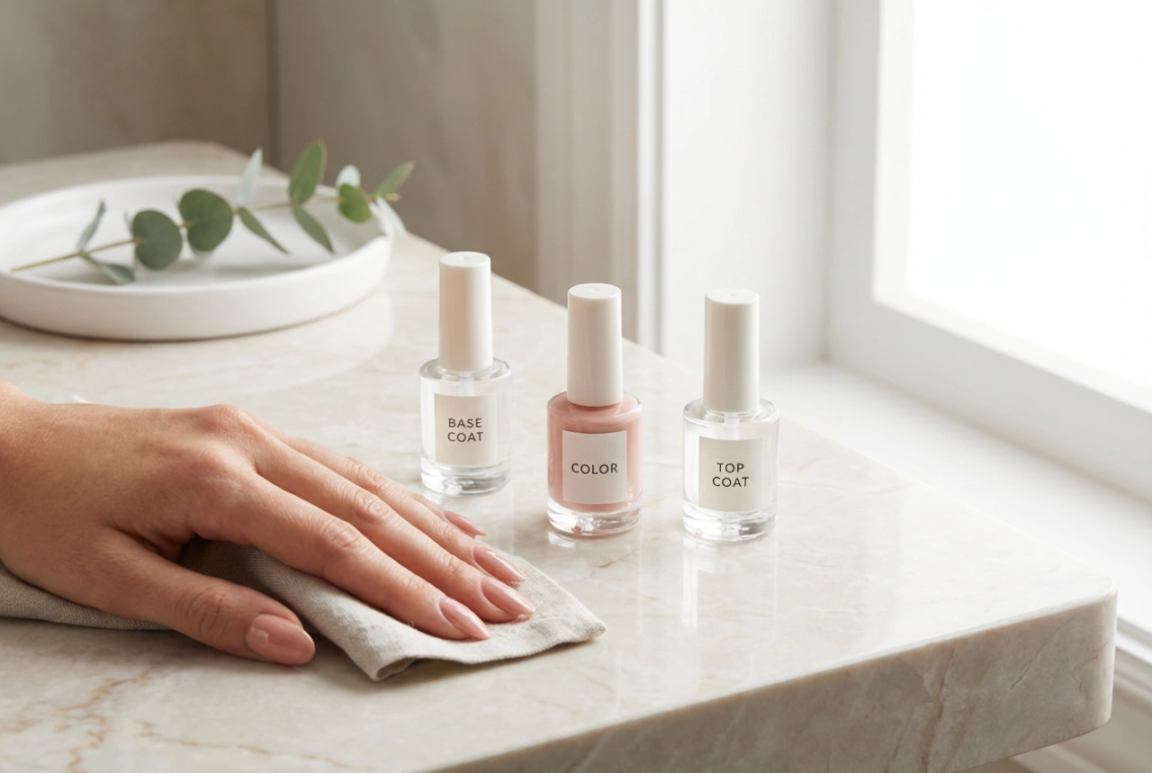 Manicure híbrida passo a passo: preparação da placa, base, cor, top coat