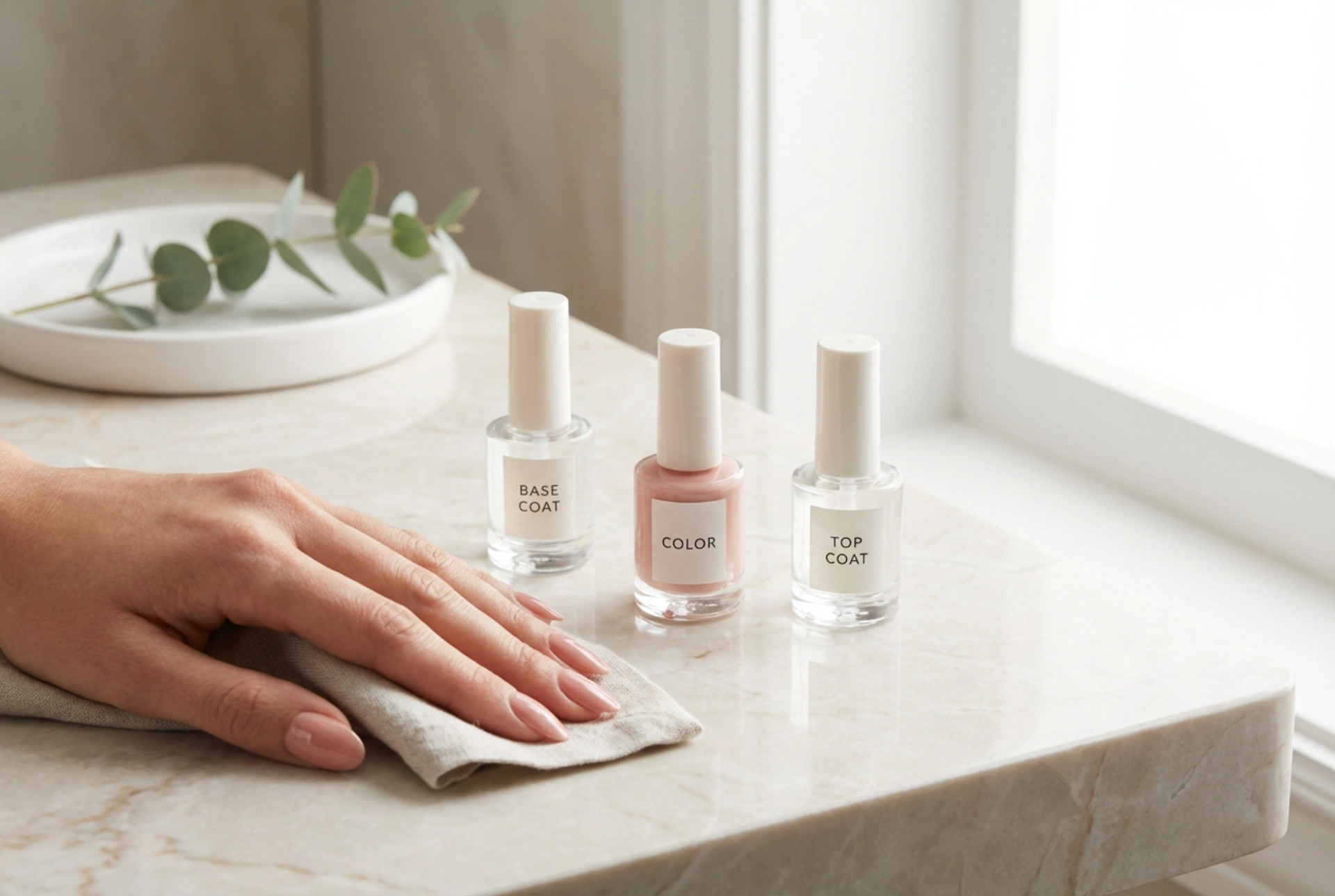 Manicure híbrida passo a passo: preparação da placa, base, cor, top coat