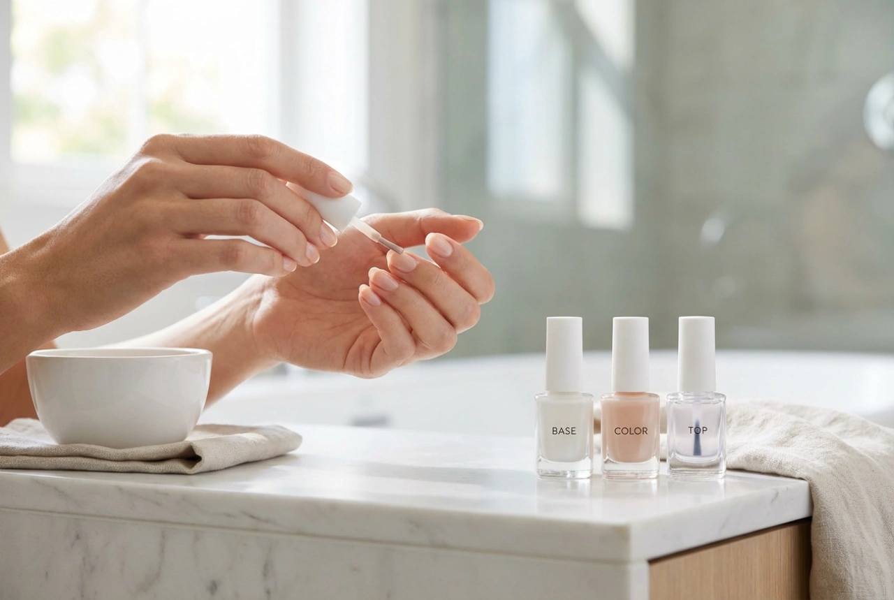 Manicure híbrida natural passo a passo: base, cor e top coat