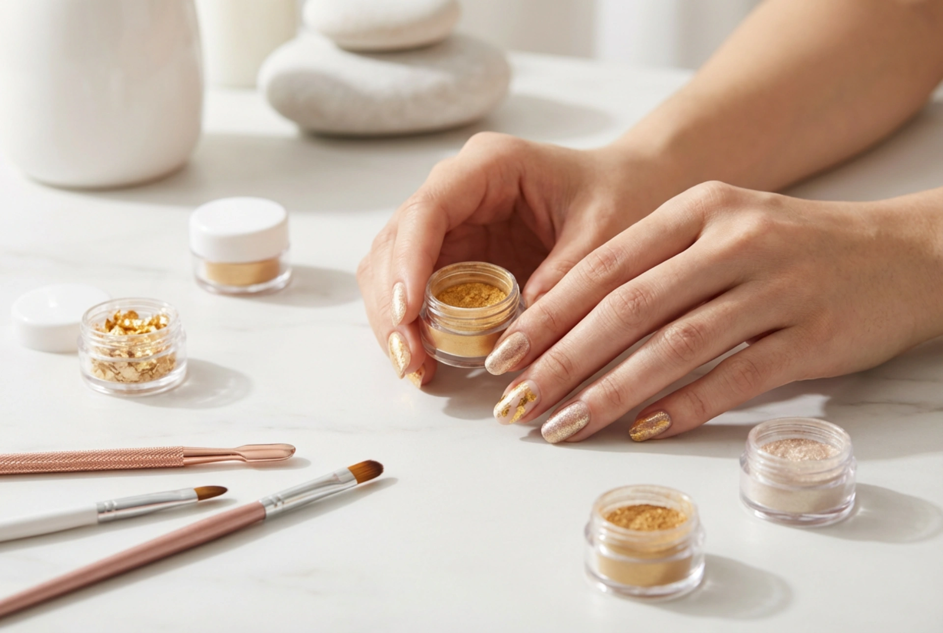 Unhas com decoração dourada: folhas, pós e detalhes rápidos