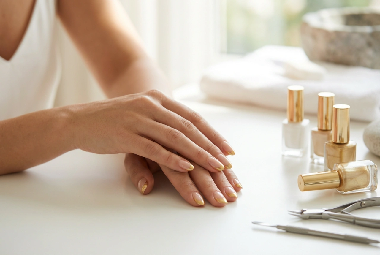 Francesinha dourada nas unhas: técnicas, ferramentas e acabamento