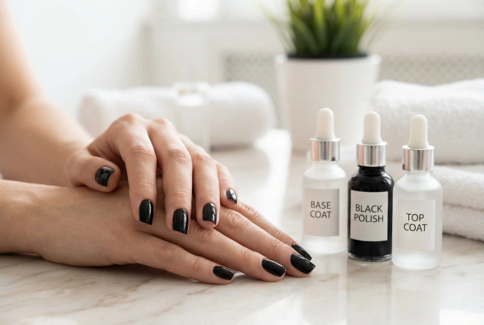 Unhas pretas sem manchas: base, camadas finas e top coat