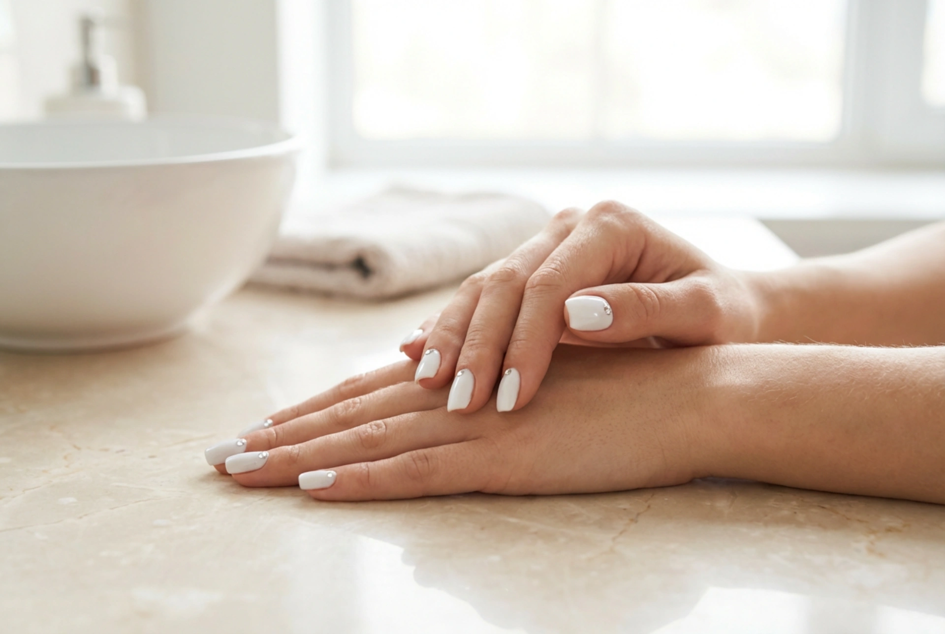 Unhas brancas com strass: preparação, colagem e proteção