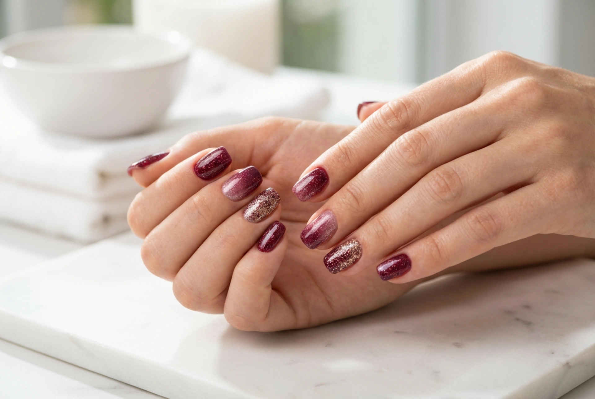 Unhas bordô com glitter: degradê, unha de destaque e acabamento perfeito