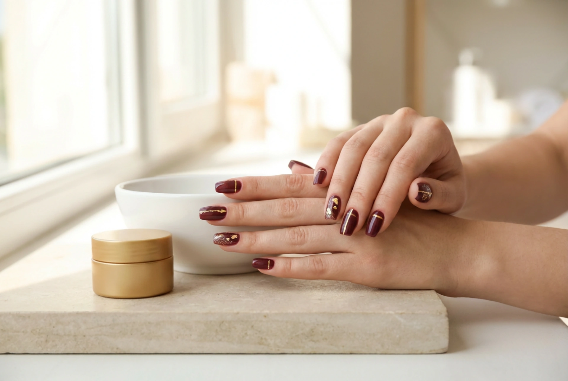 Unhas bordô com dourado: linhas finas, folha de ouro e pós brilhantes