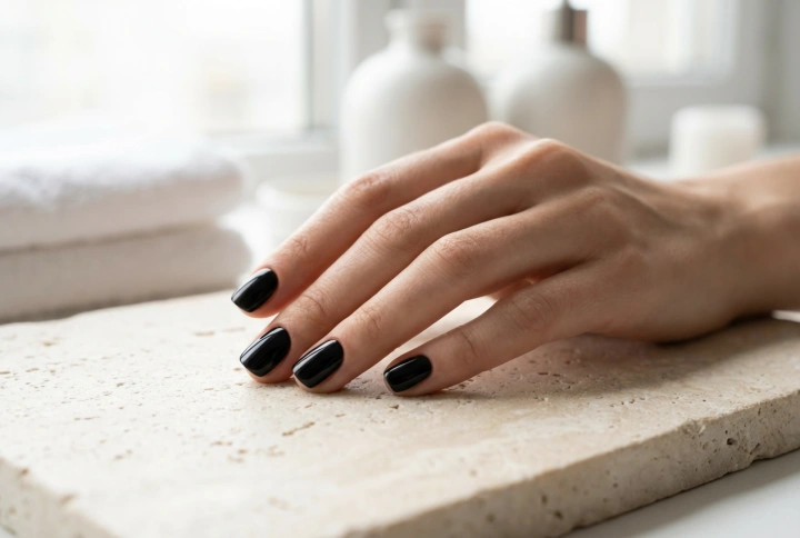Unhas pretas curtas: alongamento óptico e linhas puras