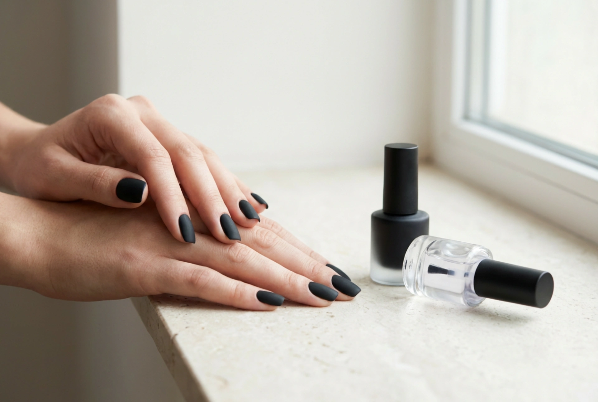 Unhas pretas foscas sem marcas: a base certa e o top coat fosco