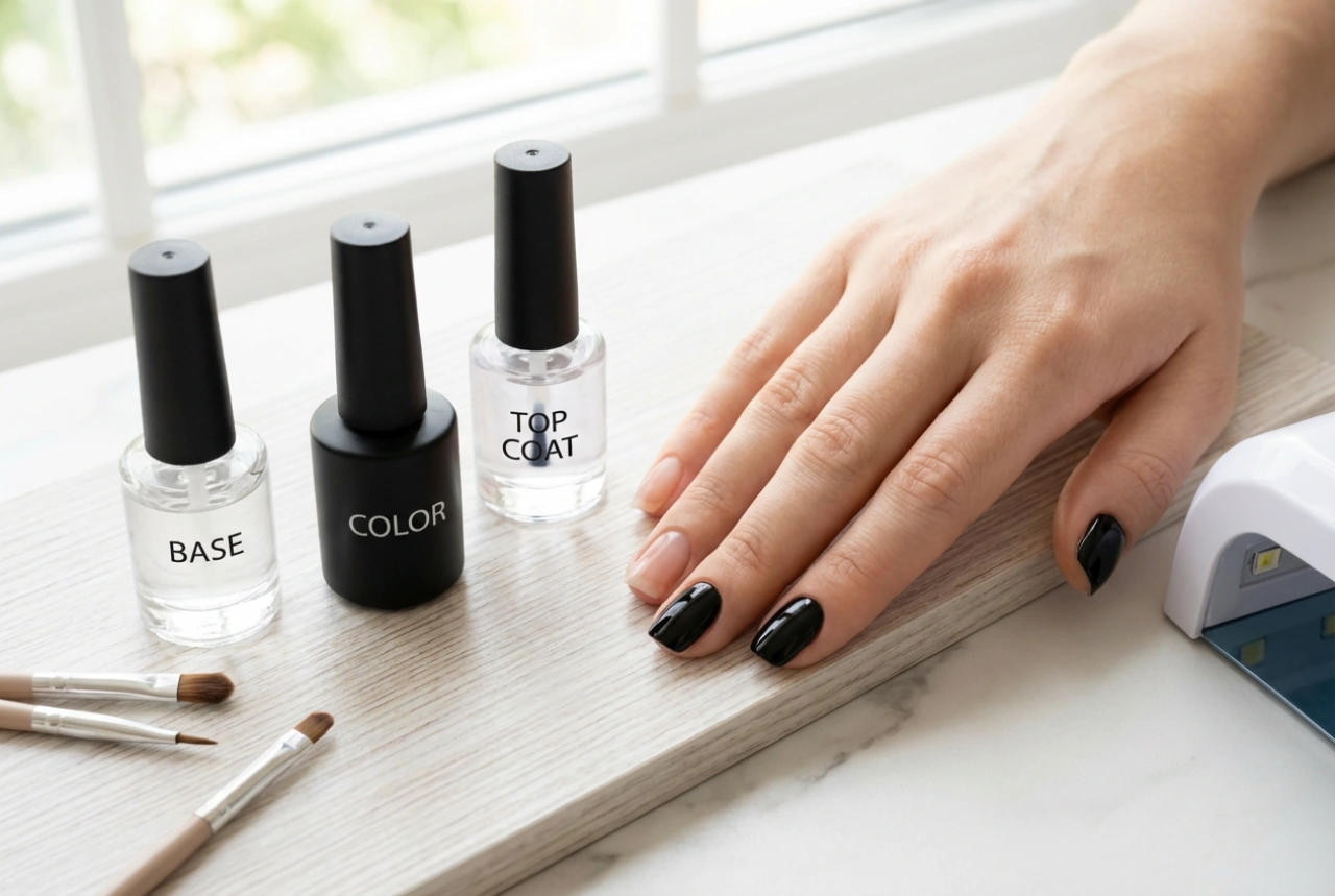 Unhas de gel pretas passo a passo: base, cor, top coat