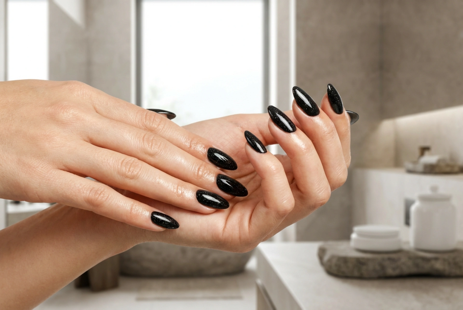 Unhas pretas com partículas: brilho uniforme e superfície lisa