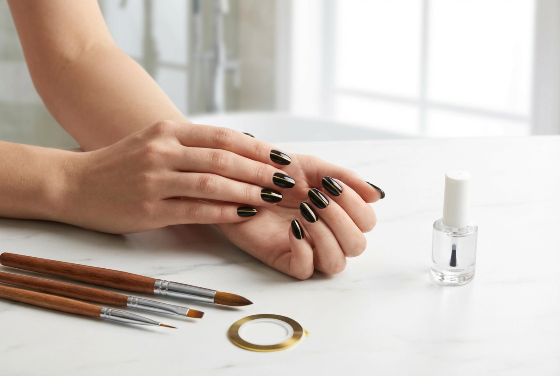 Faixa Dourada em Unhas Pretas: Fitas, Pincéis e Top Coat