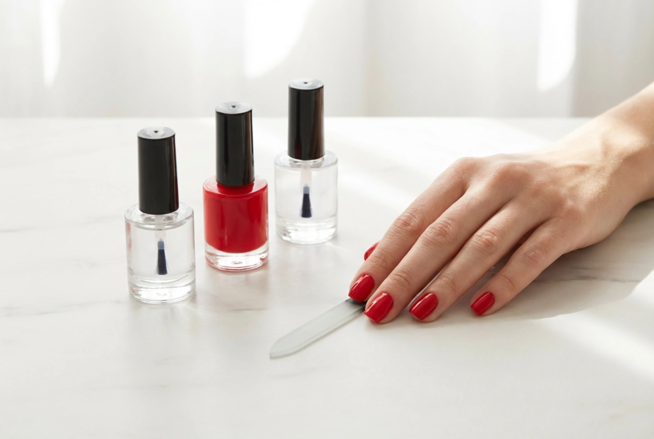Unhas de gel vermelhas passo a passo: base, cor e top coat