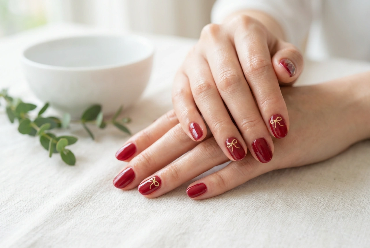 Unhas vermelhas com laço: linhas finas, adesivos e carimbos