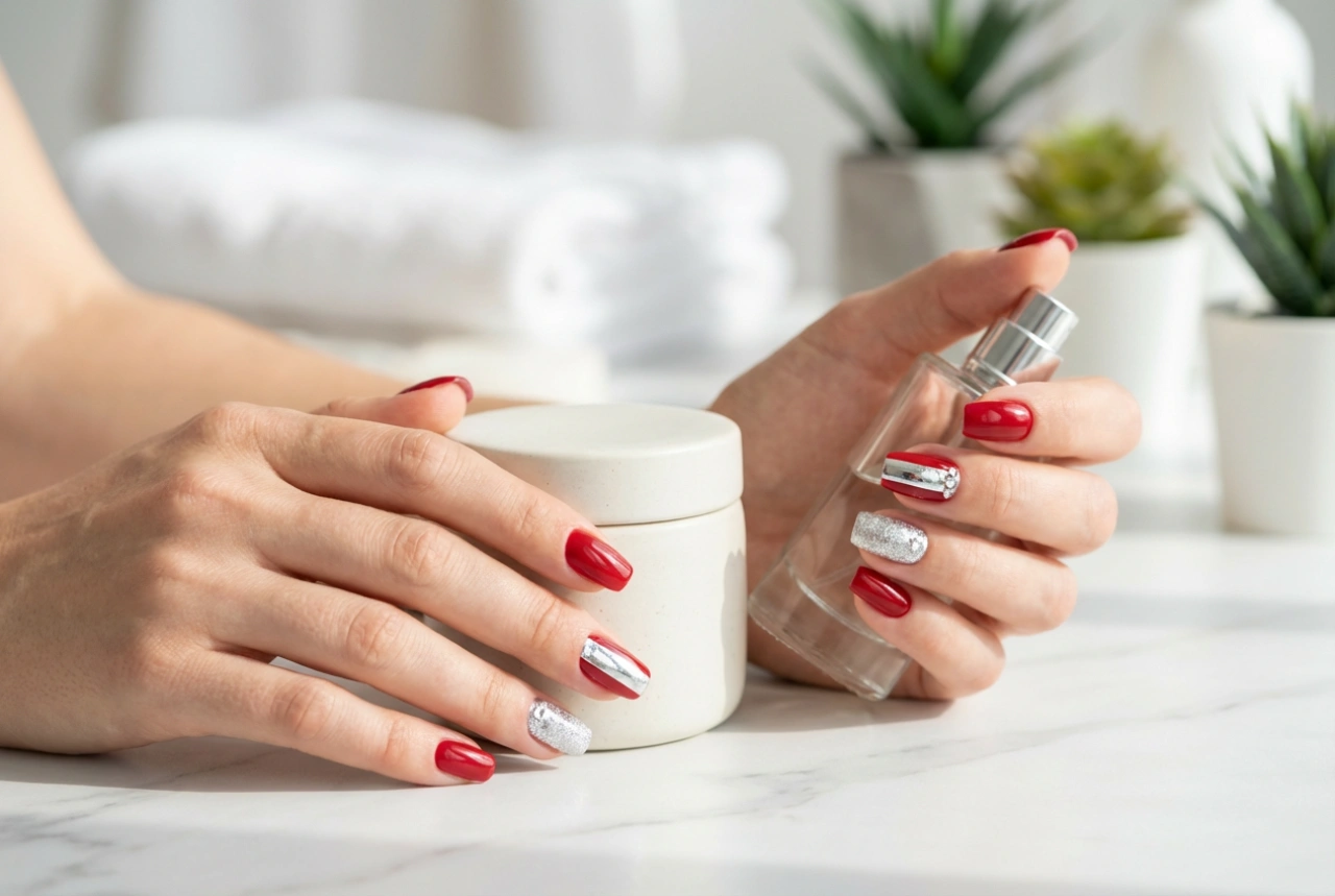 Unhas Vermelhas com Prata: Como Combinar Glitter, Folhas e Strass