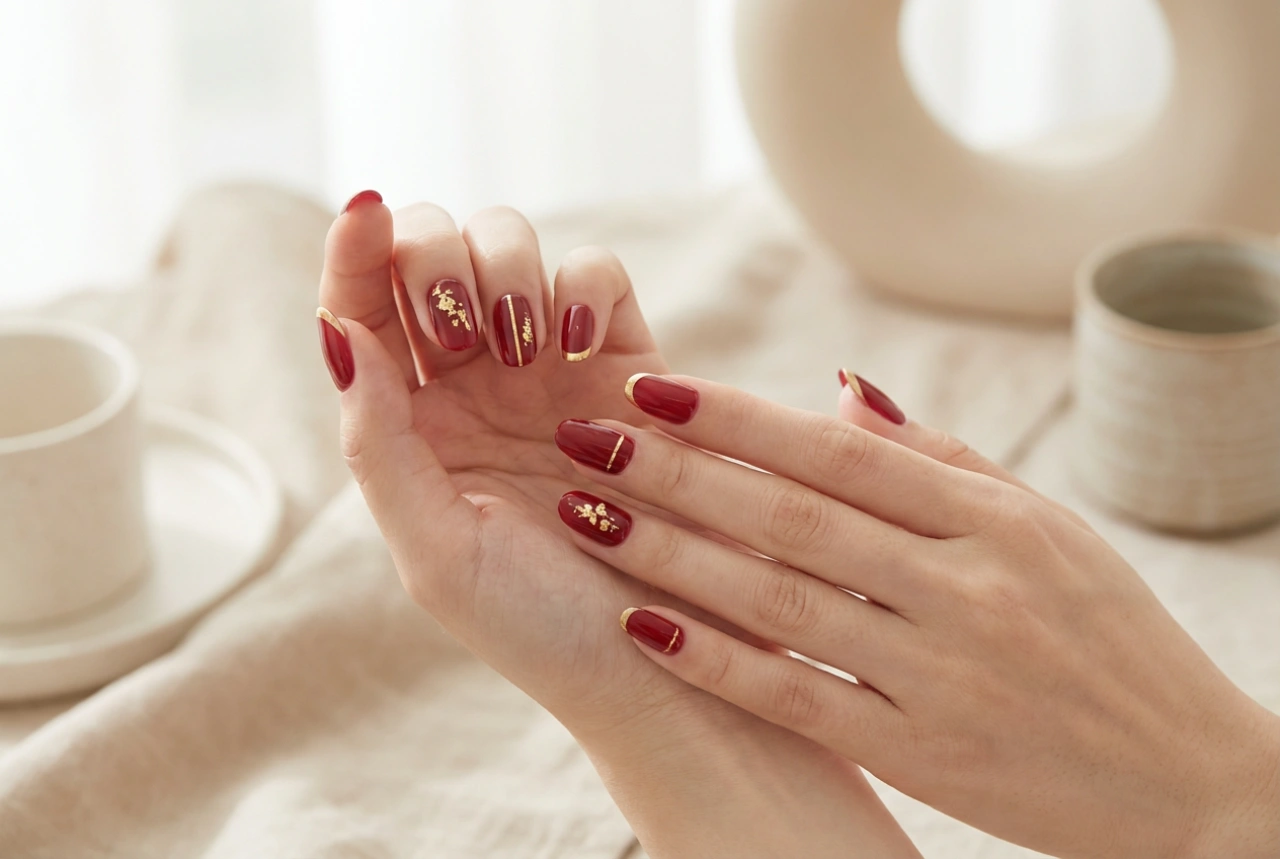 Unhas vermelhas com detalhes dourados: folhas, fitas e francesinha