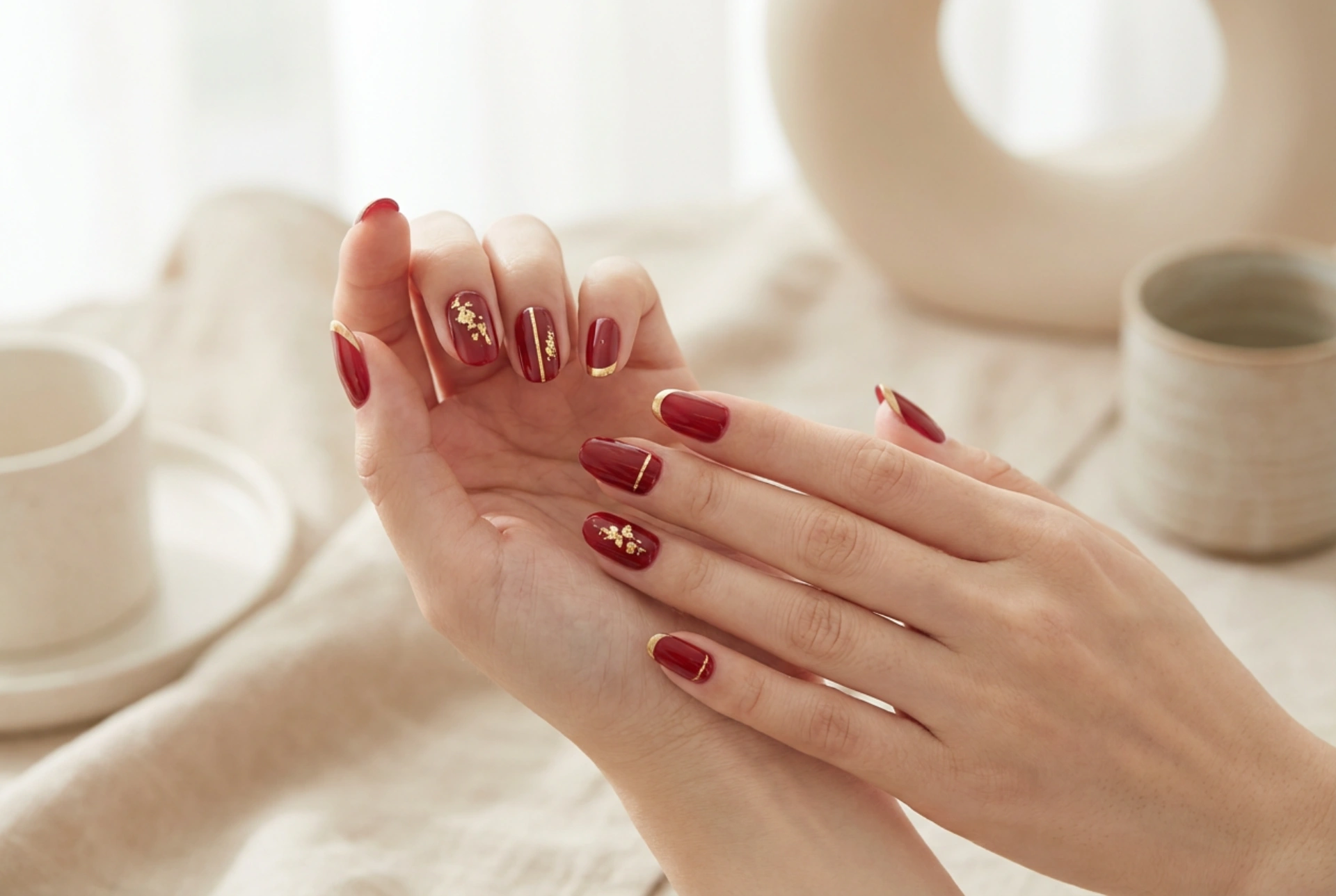 Unhas vermelhas com detalhes dourados: folhas, fitas e francesinha