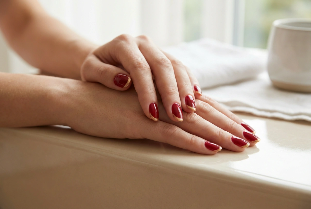 Francesinha dourada em unhas vermelhas: a linha de sorriso perfeita