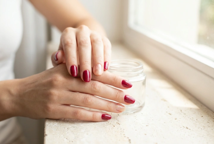 Unhas vermelhas com detalhes em dourado: proporções e acabamentos