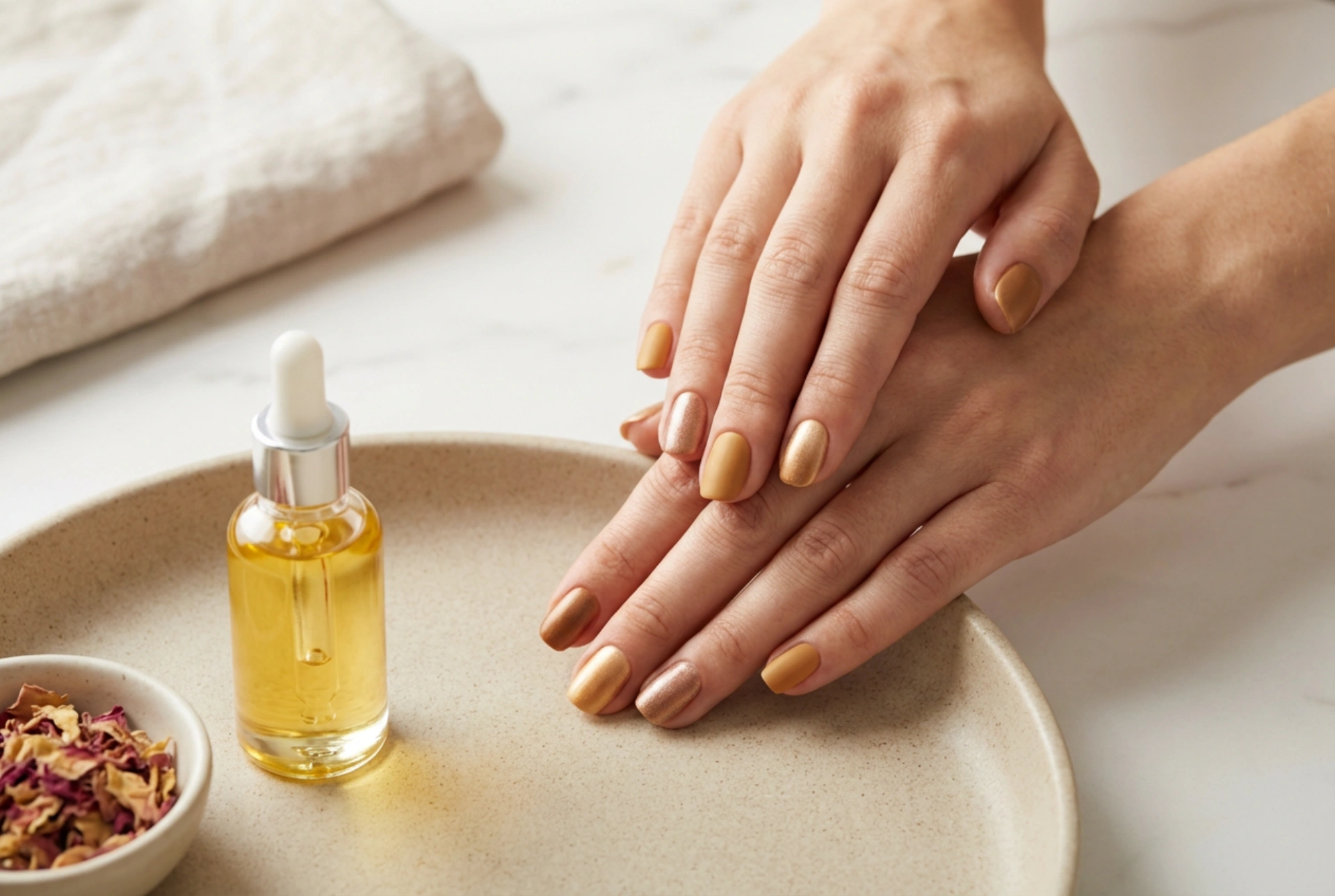 Unhas douradas elegantes sem exagero: tons, texturas e detalhes