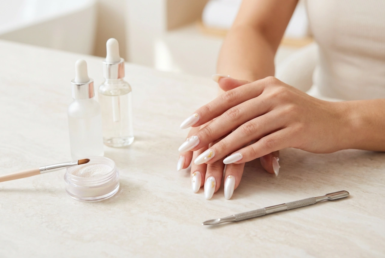 Unhas brancas peroladas: como trabalhar com pó e obter um brilho suave