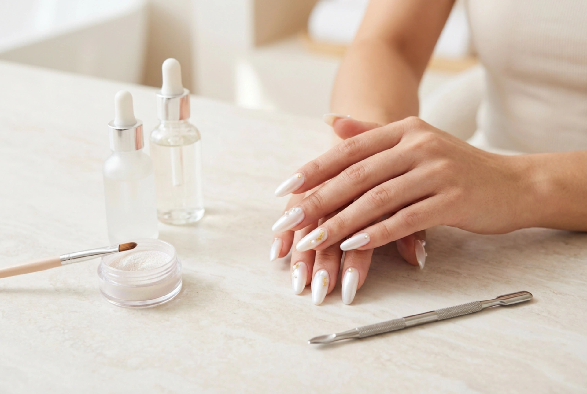 Unhas brancas peroladas: como trabalhar com pó e obter um brilho suave