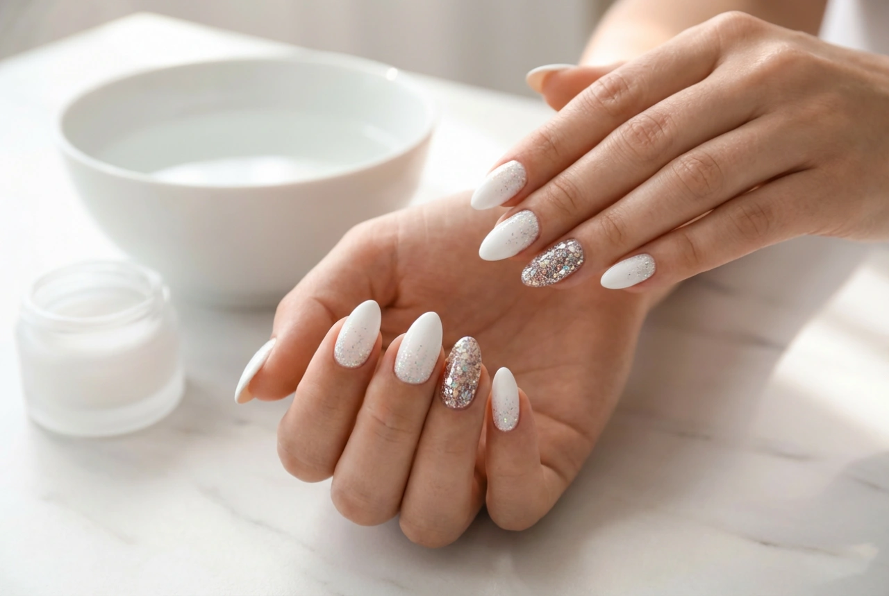 Unhas brancas com glitter: de toques sutis a cobertura total