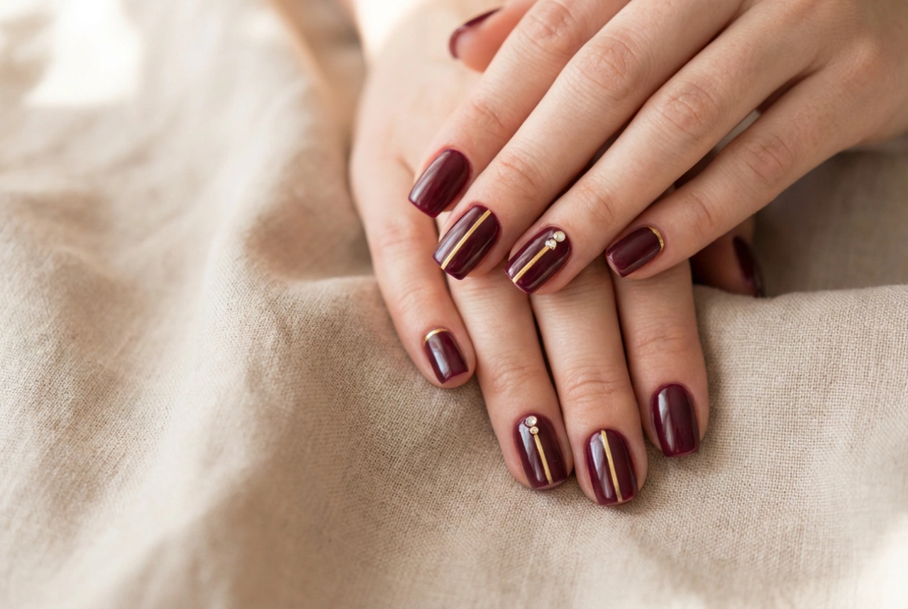 Unhas bordô com dourado: detalhes luxuosos, listras e pedrarias