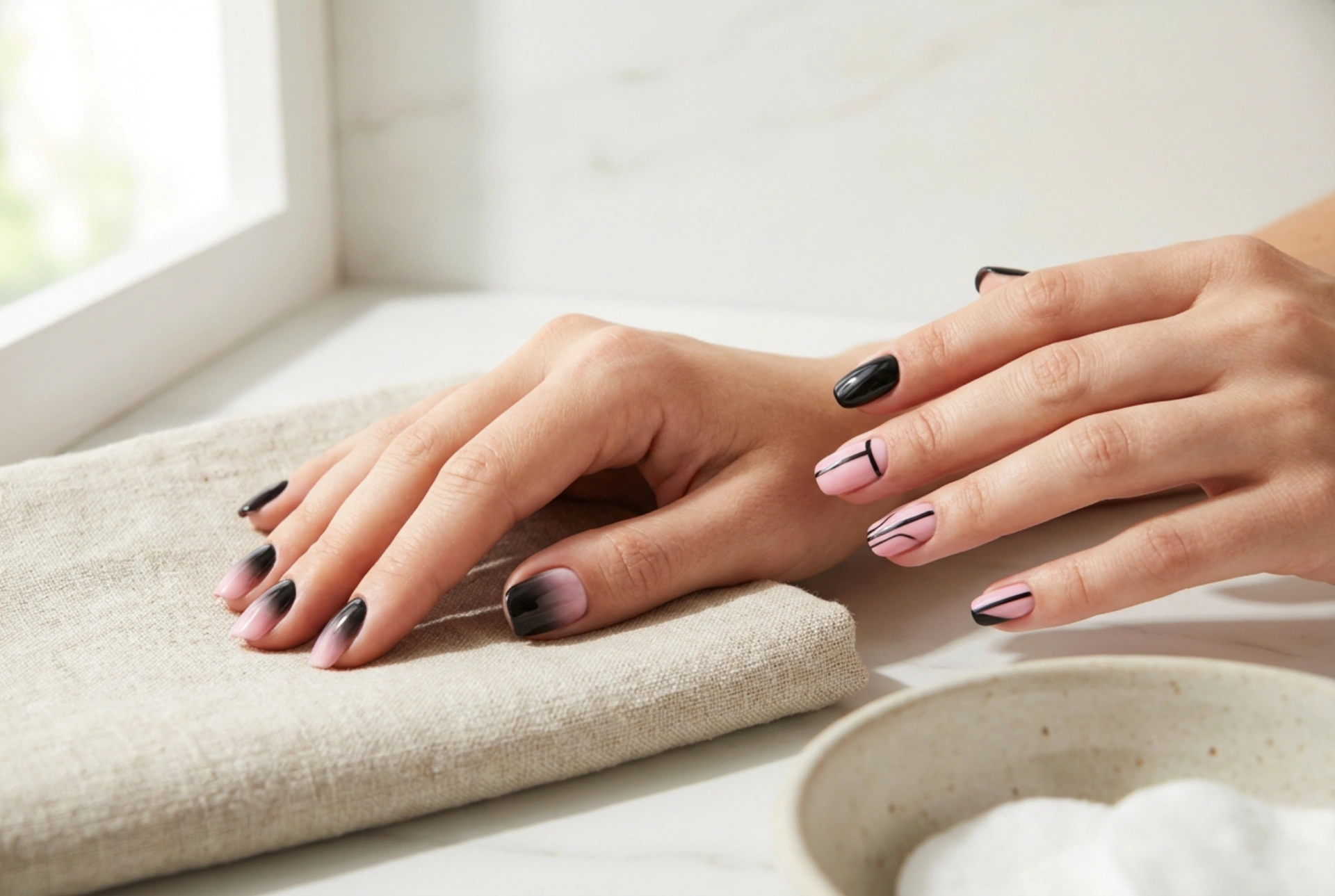 Unhas pretas e rosas: duos contrastantes, linhas e ombré