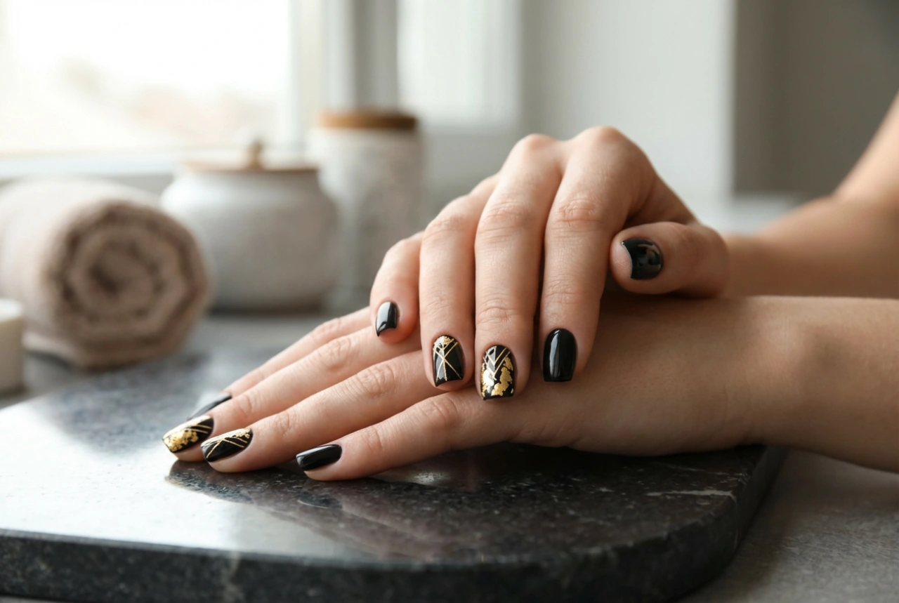 Unhas Pretas com Dourado: Decorações Luxuosas, Fitas e Folhas