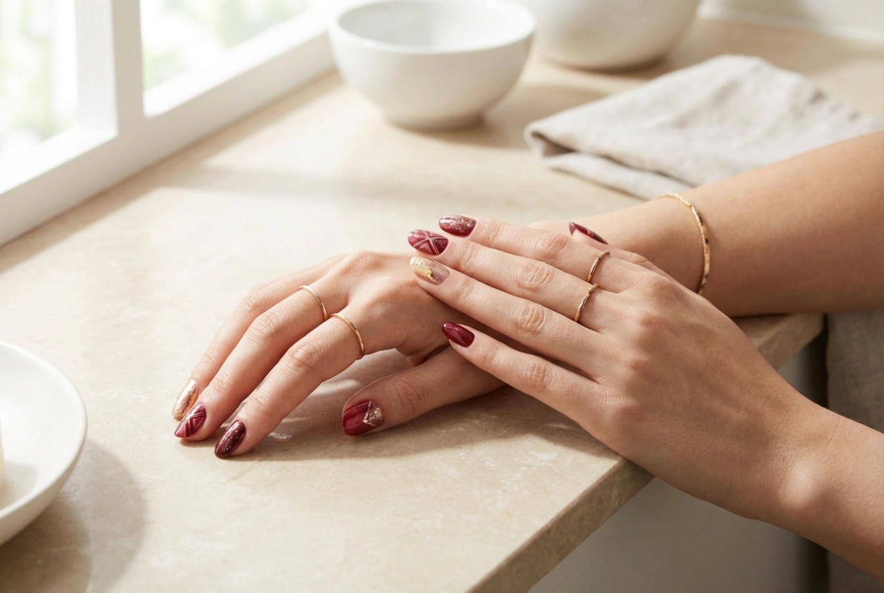 Combinação elegante: unhas vermelhas com dourado em três versões