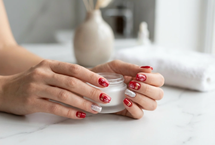 Unhas de Natal vermelhas: flocos de neve, listras e um toque de brilho