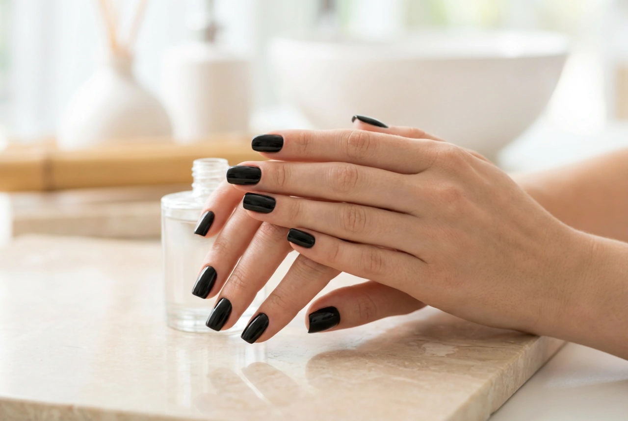 Unhas pretas em gel: preparação, cobertura e brilho