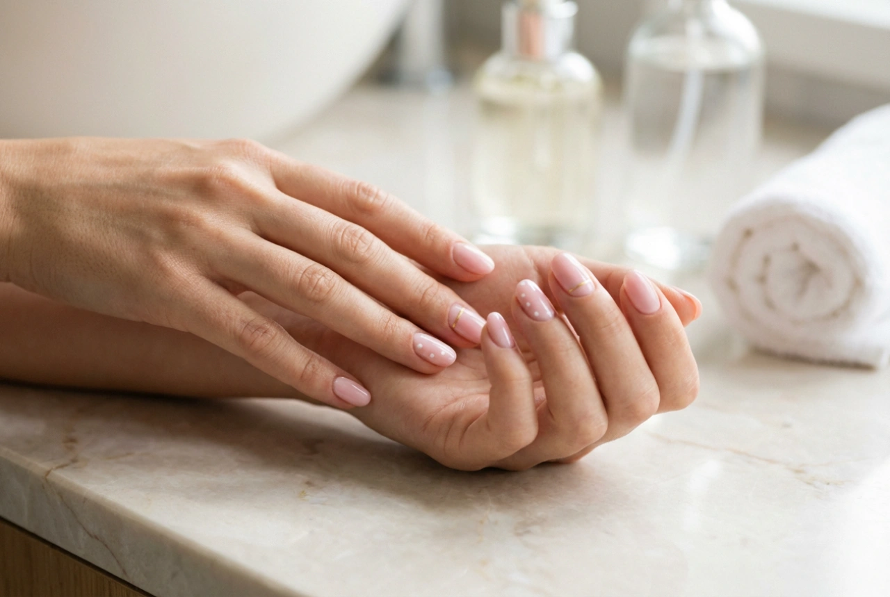Unhas híbridas rosa para o dia a dia: cor sólida e decorações delicadas