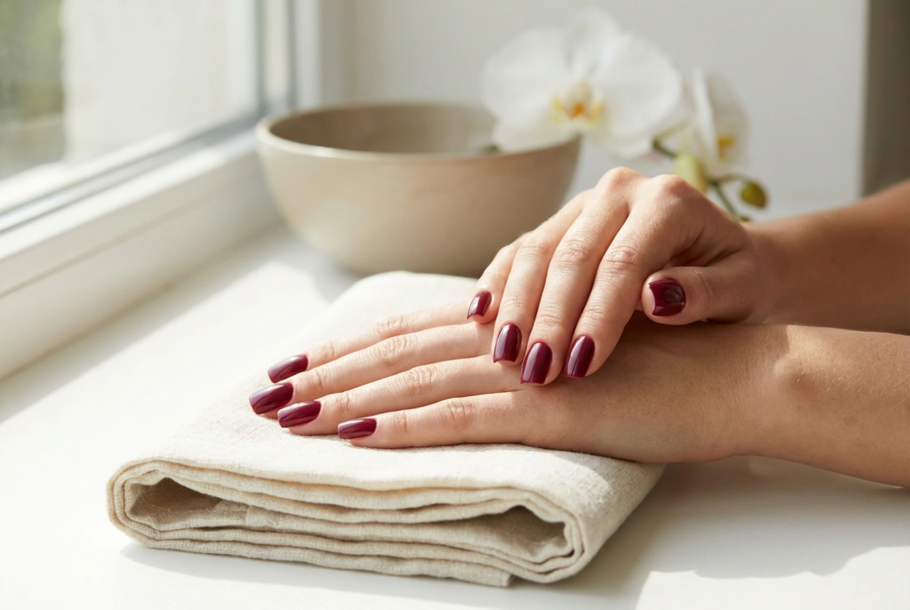 Unhas quadradas bordô: como lixar o formato e pintar sem borrar